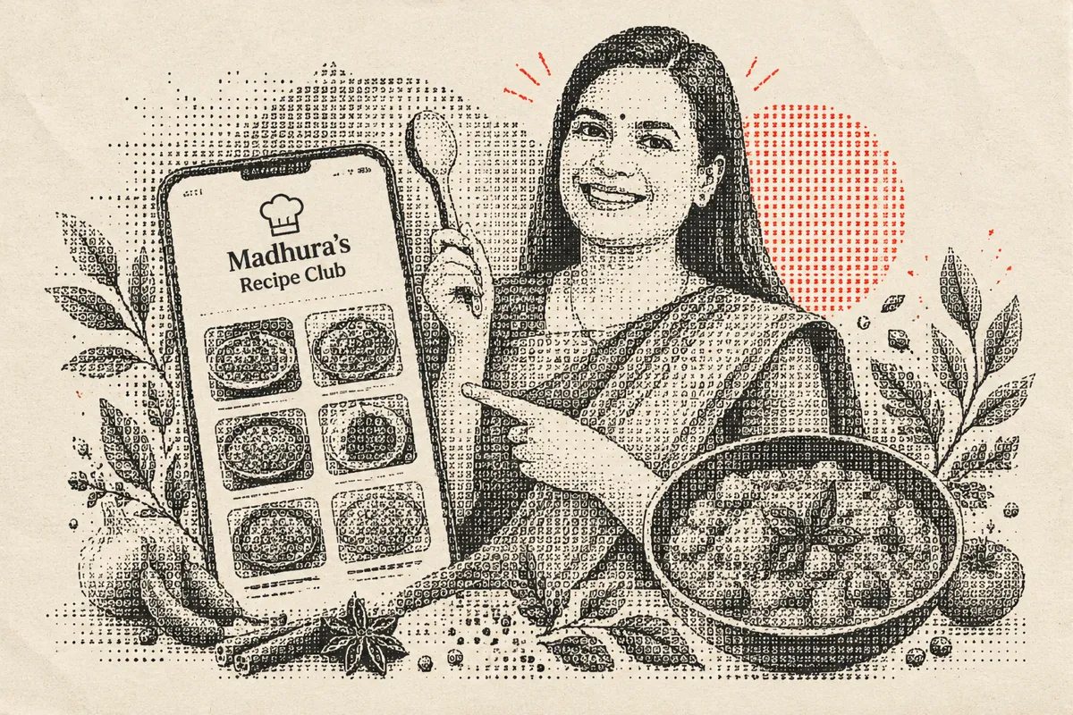 Madhura holding a spoon beside the Recipe Club app and a bowl of food, drawn in halftone