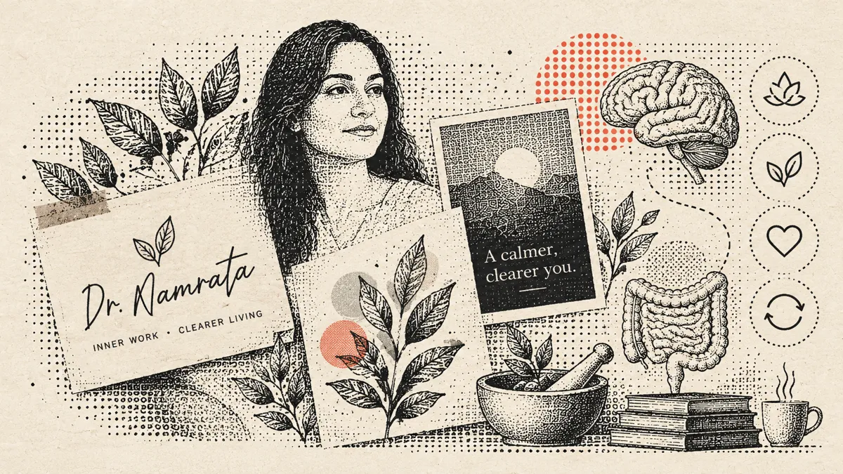 Dr. Namrata with leaves, a mortar and pestle and a card reading A calmer, clearer you, drawn in halftone