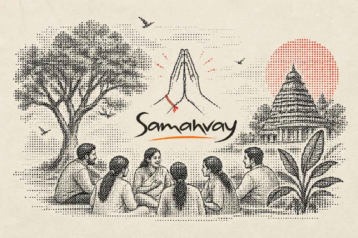 Samanvay: volunteers in conversation under a tree, folded hands and a temple, drawn in halftone
