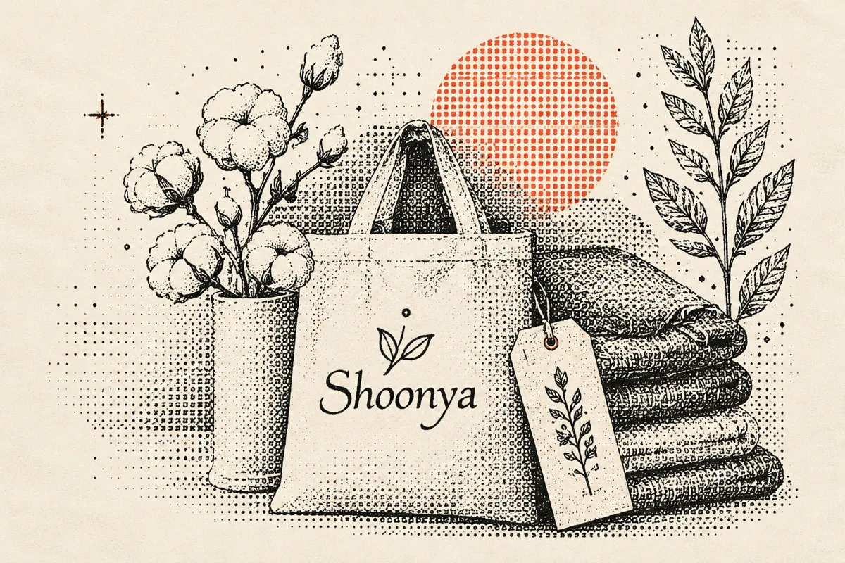 A Shoonya tote bag with a tag, cotton flowers and folded clothes, drawn in halftone
