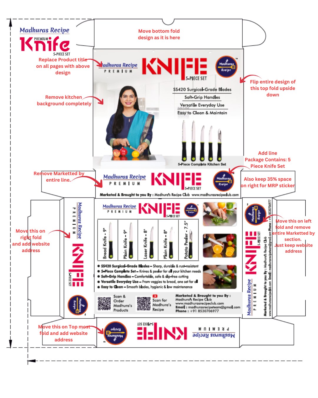 Knife set box artwork with revision notes